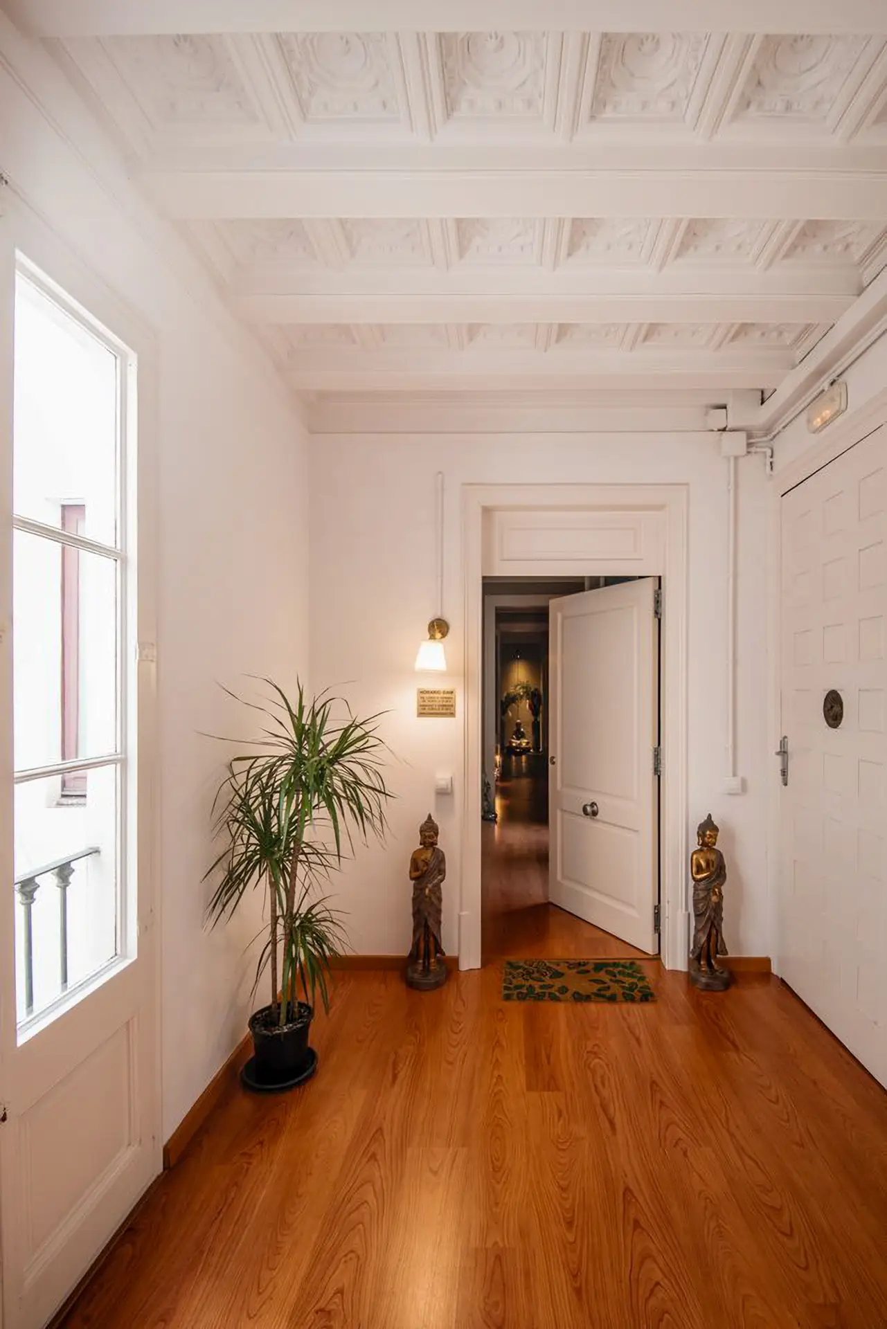 Recibidor blanco del centro con techo artesonado, planta y figuras de Buda